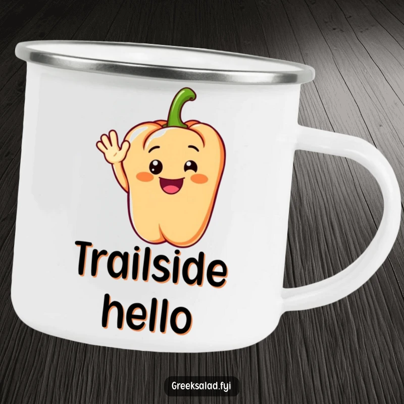 Funny camping mug showing a grinning bell pepper segment waving cheerfully, perfect for friendly outdoor sipping.