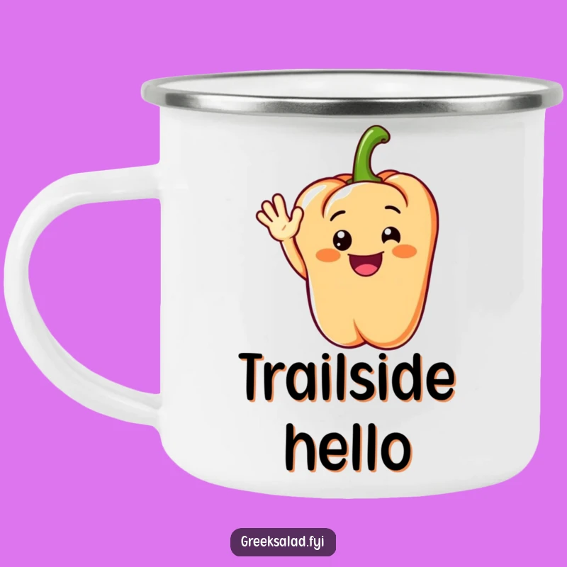 Funny Grinning Pepper Camping Mug: Cheerful Waves Outdoors