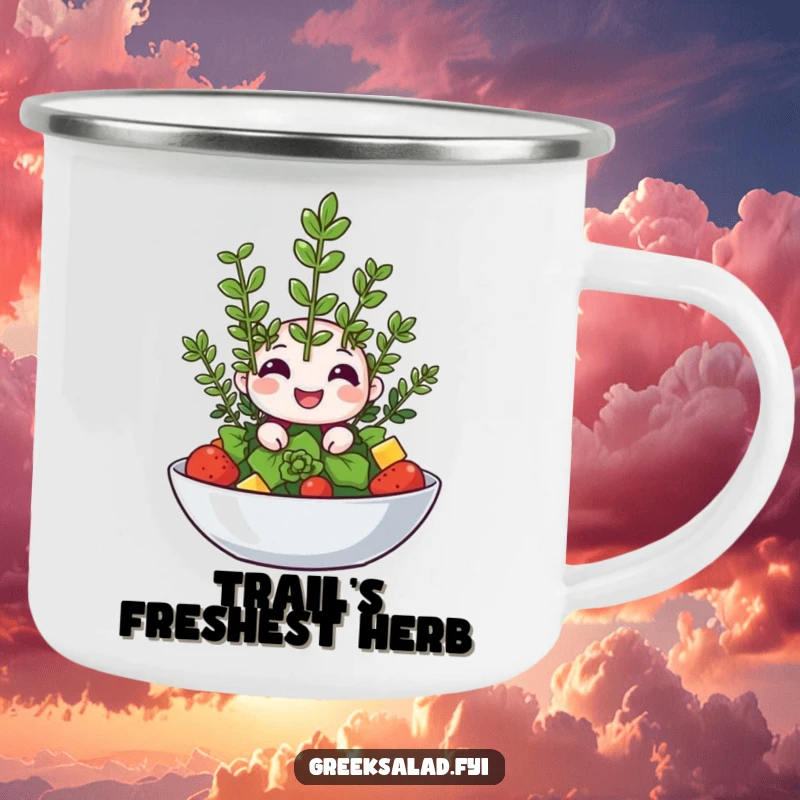 Funny camping mug featuring a happy oregano sprig winking from a salad, ideal for outdoor culinary humor.
