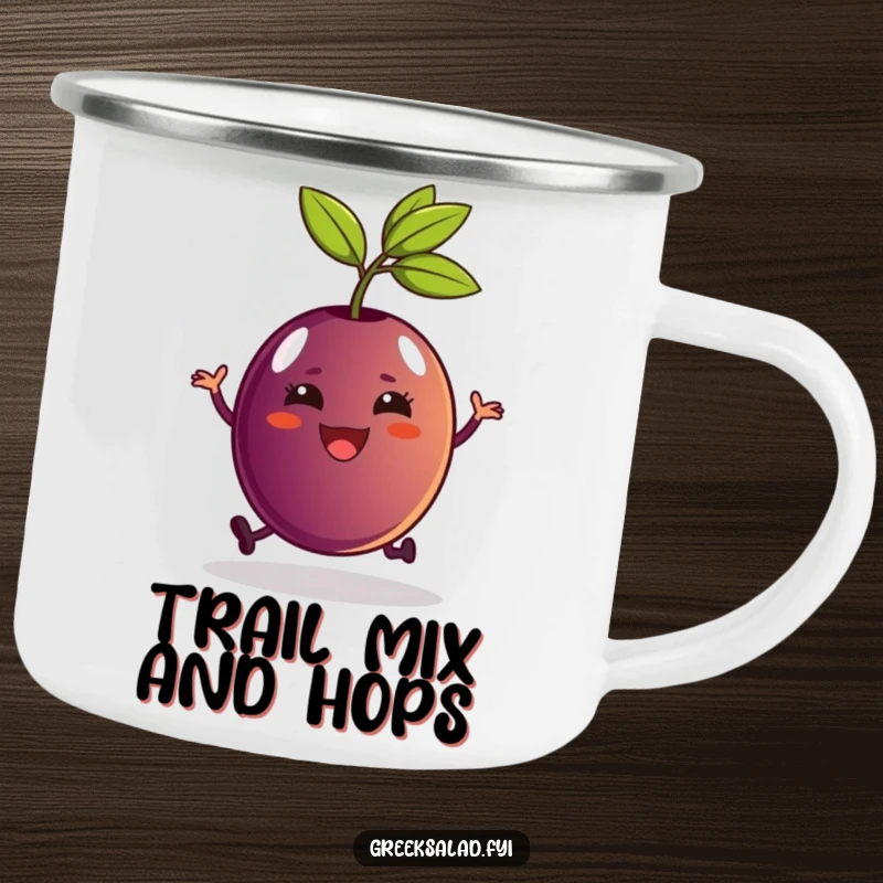 Funny Kalamata olive with a stem hopping with glee on a durable camping mug, perfect for outdoor humor.