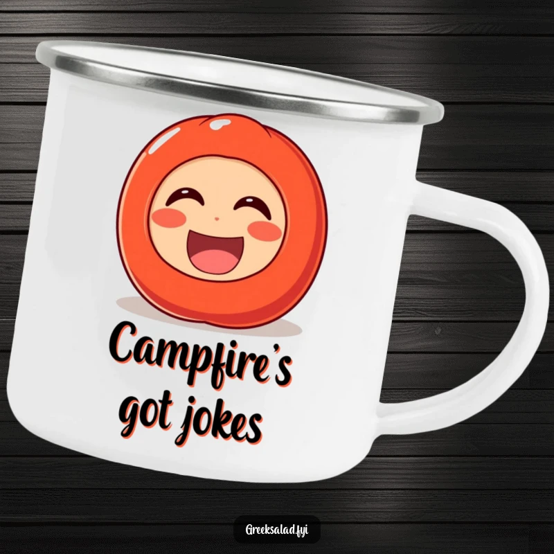 Funny camping mug with a cheerful tomato character rolling with laughter, perfect for enjoying drinks outdoors with a side of hilarious vegetable humor.