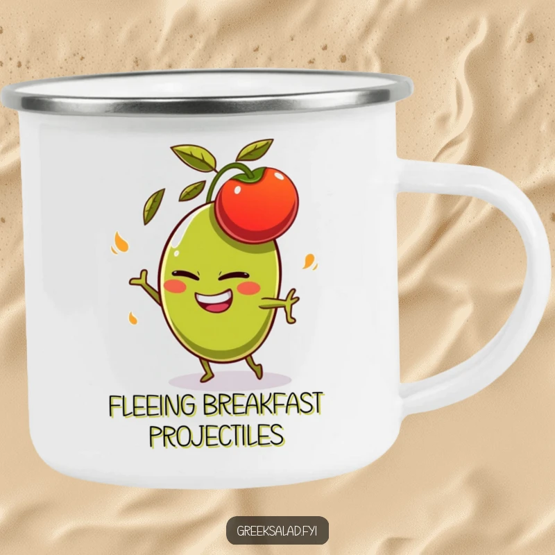 Funny olive character with a mischievous grin, comically dodging a flying tomato on a durable camping mug, outdoor humor.