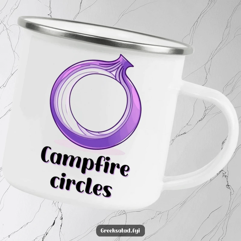 Funny purple onion ring spinning on its edge, featured on a rugged camping mug, ideal for outdoor humor.