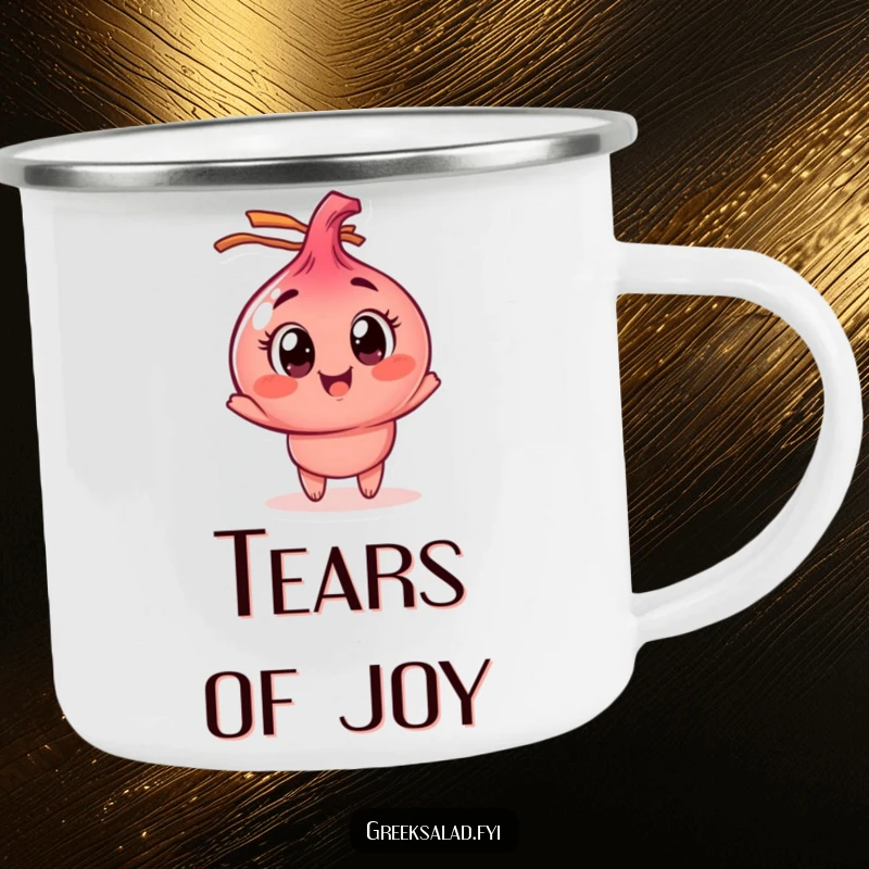 Funny red onion camping mug with a wide-eyed character spinning, designed for outdoor fun and a touch of vegetable humor.