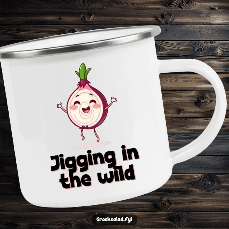 Funny Red Onion Jig Camping Mug: A gleeful red onion slice jigs, perfect for outdoor drinks.