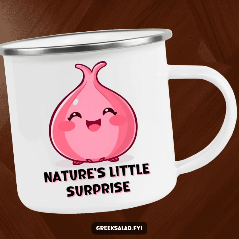 Funny camping mug featuring a happy red onion peeking out, built for outdoor fun and laughs.