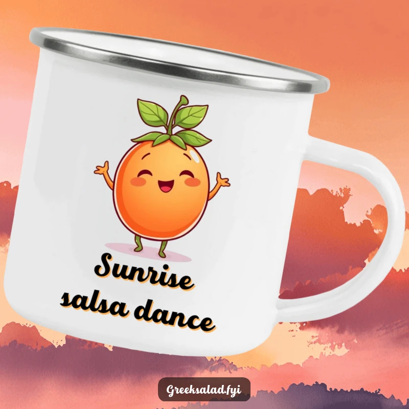 Funny Tomato Camping Mug: A smiling tomato with a leaf hat dances with joy, ready to hold your favorite camp beverage.