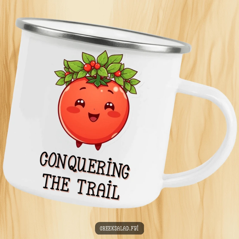 Funny tomato character wearing a laurel wreath, on a durable camping mug, perfect for outdoor enjoyment with regal humor.