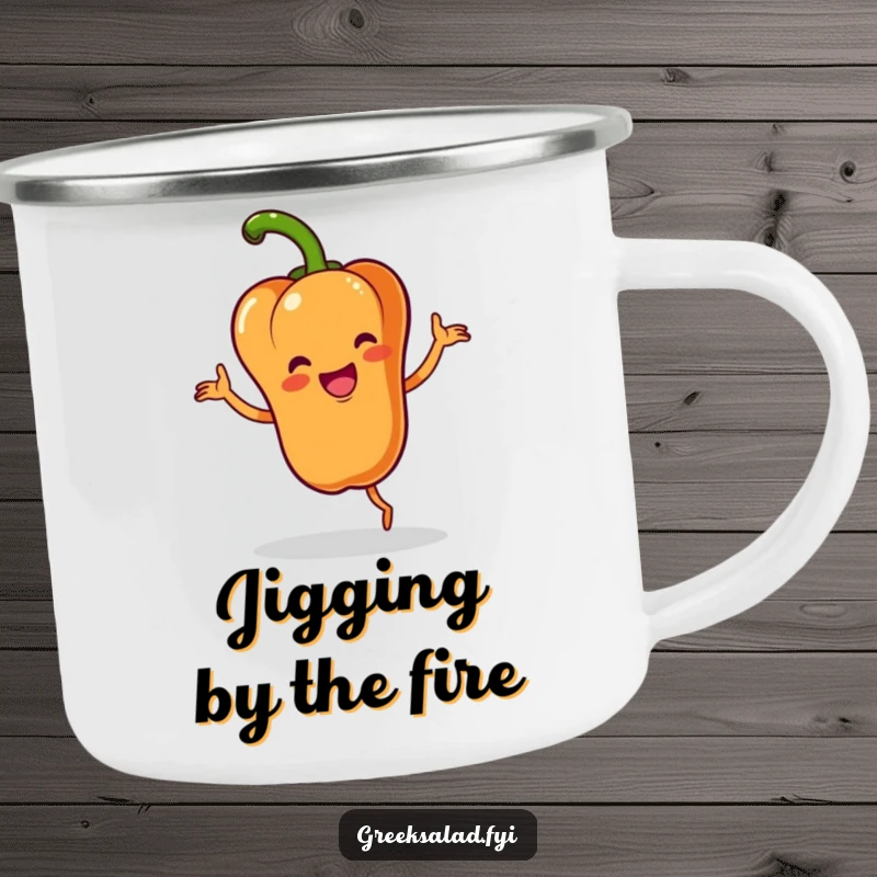 Funny camping mug with a happy bell pepper character performing a lively jig with a flourish, designed for outdoor adventures and cheer.