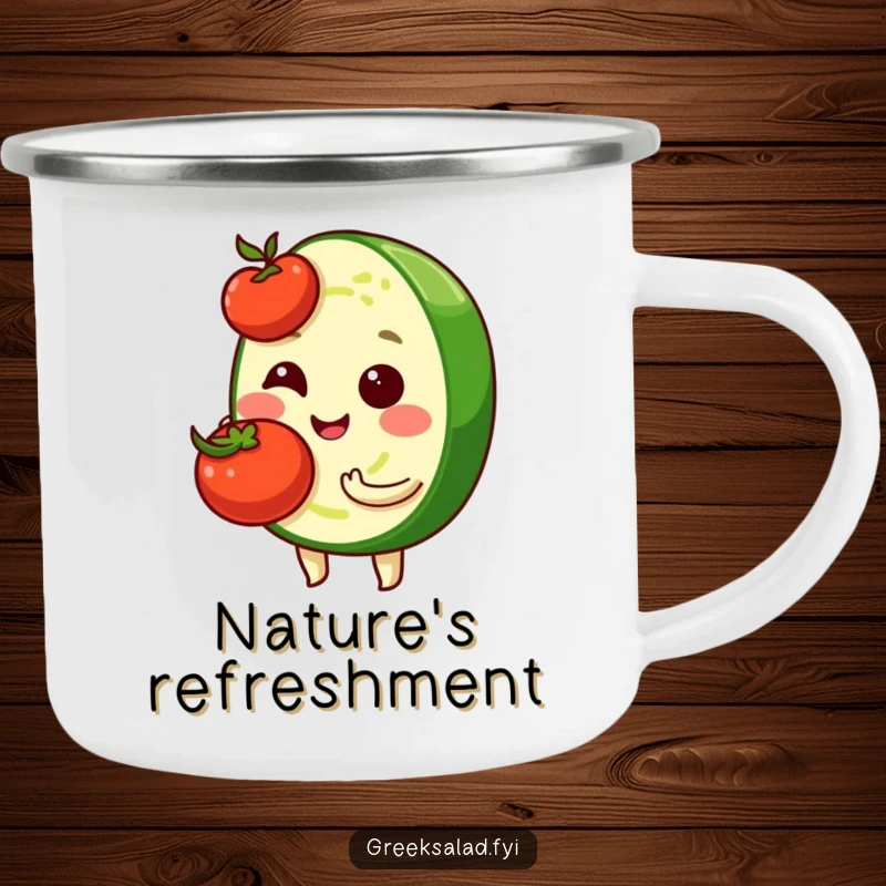 Funny, durable camping mug with a shy cucumber slice character holding a cherry tomato, designed for outdoor enjoyment and humor.
