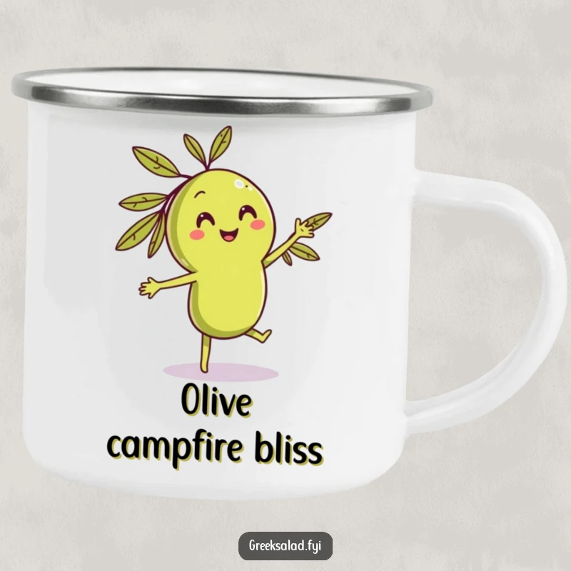 Funny dancing olive camping mug with a smiling character grooving, perfect for enjoying drinks during outdoor excursions.