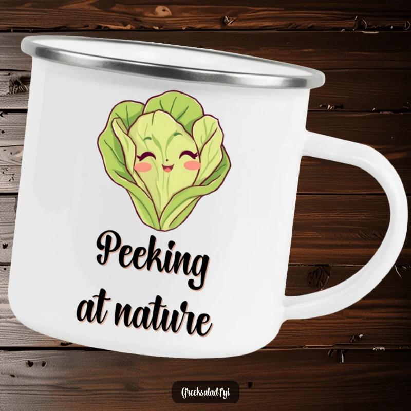 Funny lettuce leaf camping mug featuring a playful vegetable peeking out, perfect for outdoor adventures and morning brews.