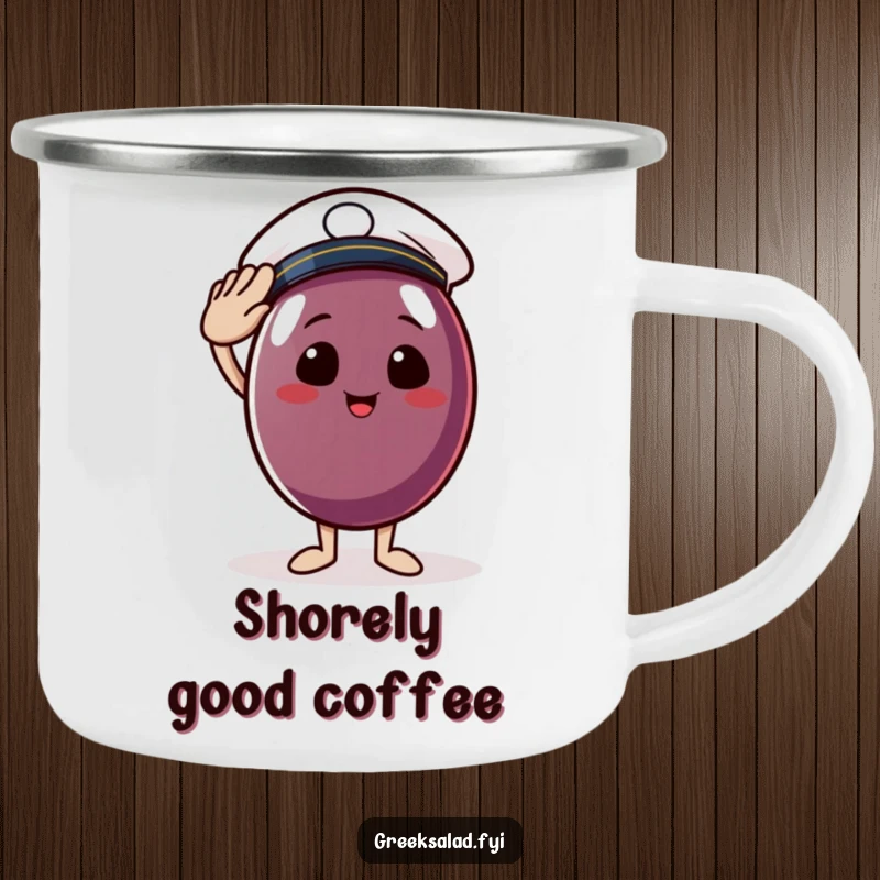 Funny camping mug featuring a happy Kalamata olive in a sailor hat giving a salute, designed for outdoor fun and laughter.