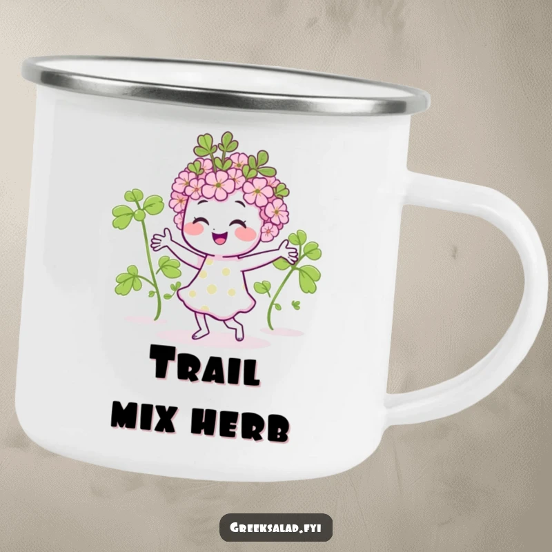 Funny camping mug featuring a cheerful oregano sprig dancing, bringing portable humor and herb-themed fun to your adventures.