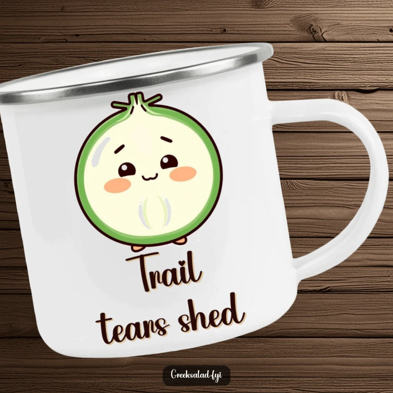 Funny Camping Mug with a cheerful onion slice in a shy bow, perfect for enjoying nature with a smile.