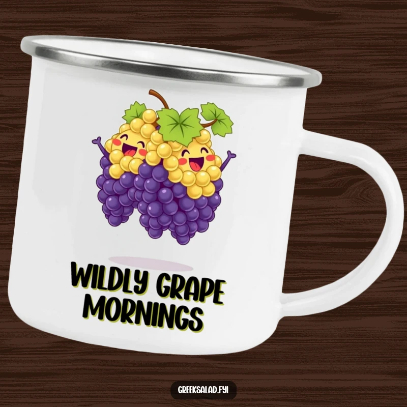 Funny camping mug with a bunch of grapes in a synchronized jump, perfect for outdoor enthusiasts who appreciate a good laugh.