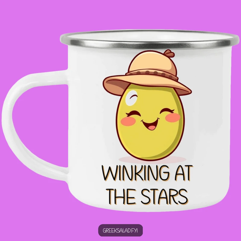 Funny Winking Olive Hat Camping Mug - Playful Outdoor Charm, Gift