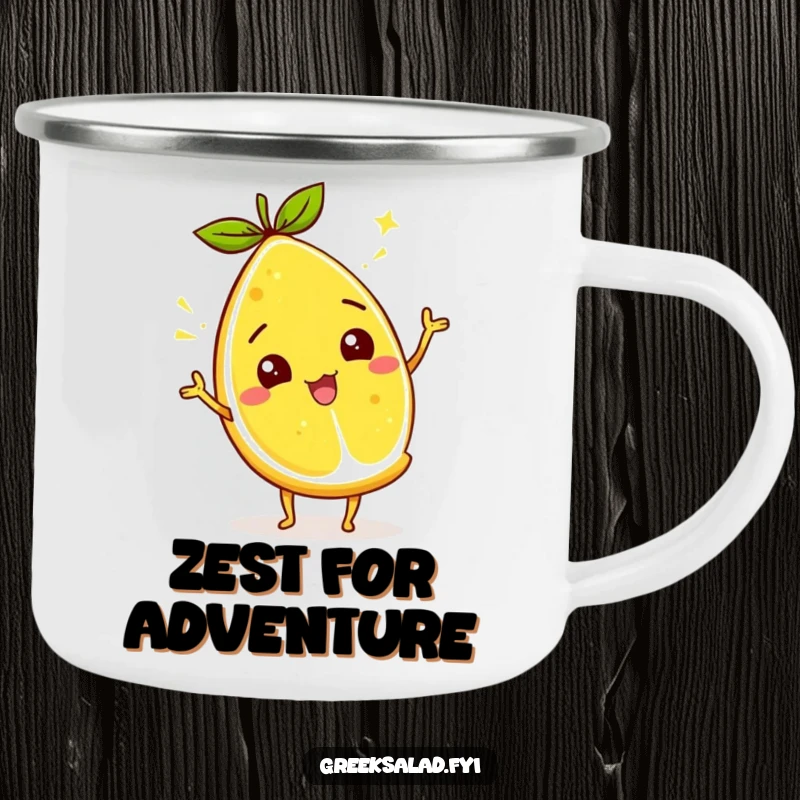 Funny lemon wedge camping mug featuring a lively citrus character wiggling its zest, perfect for outdoor brews and sunny vibes.