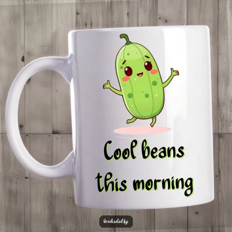 Funny cucumber character joyfully dancing with excitement on a mug, perfect for adding a touch of fun to your day.