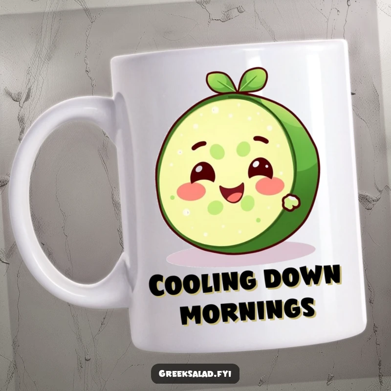 Funny delighted cucumber slice character with a cool expression and refreshing smile on a mug, ideal for a humor gift.
