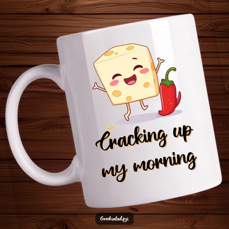 Funny mug featuring a winking feta cheese block playing leapfrog over a pepper, capturing cheesy humor.