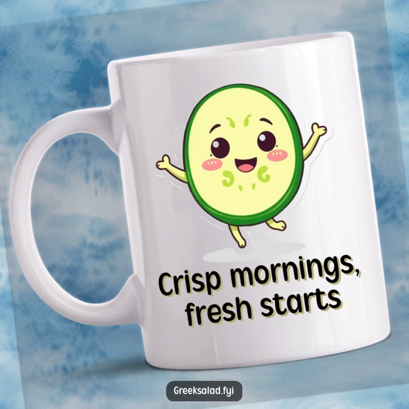 Funny Mug featuring a cheerful cucumber slice doing a happy jump, radiating pure veggie joy and playful energy.