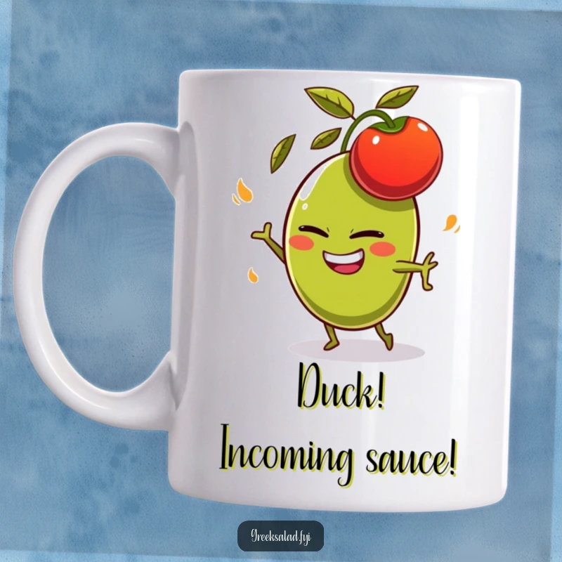 Funny olive character with a mischievous grin, comically dodging a flying tomato on a mug, perfect for a foodie gift.