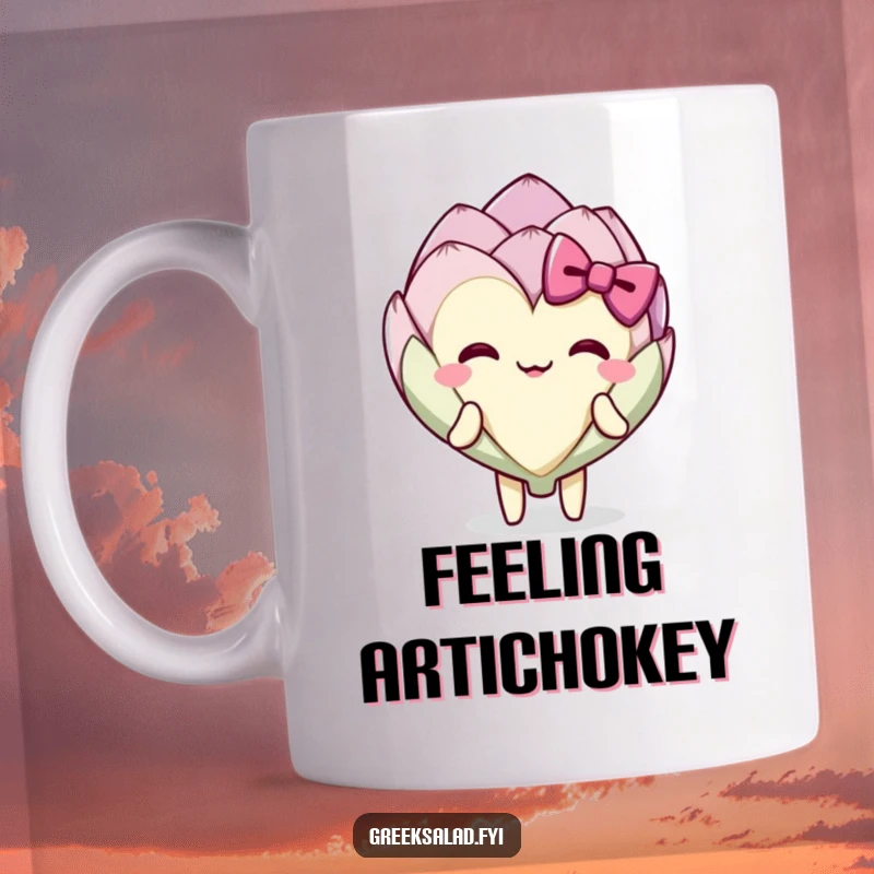 Funny delighted artichoke heart character wearing a small bow tie and performing a happy bow, ceramic mug.