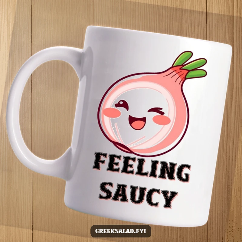 Funny Mug featuring a smiling red onion ring winking playfully, radiating cheeky fun and a lighthearted spirit.
