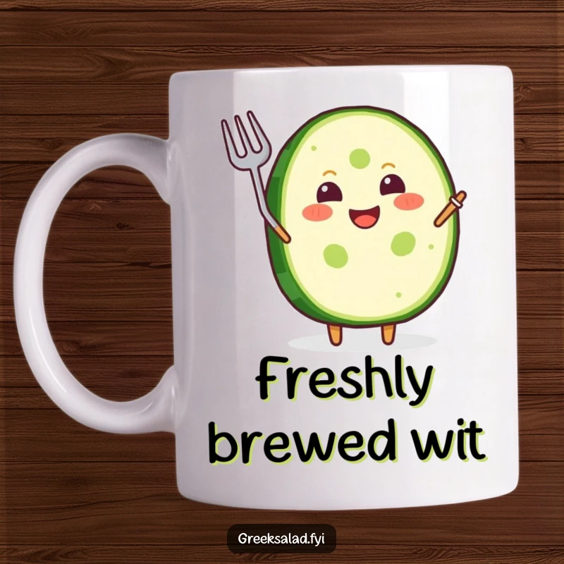 Funny Mug: A joyful cucumber slice with a huge grin enthusiastically waves a tiny fork, ready to eat.