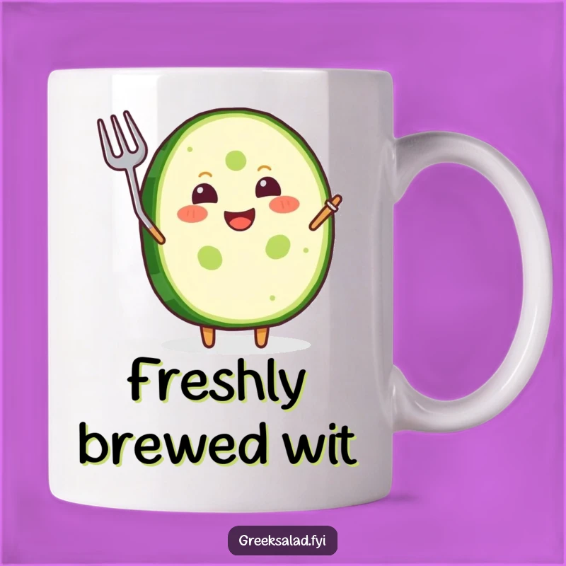 Funny Mug: Joyful Cucumber Grinning, Waving Fork, Foodie Gift