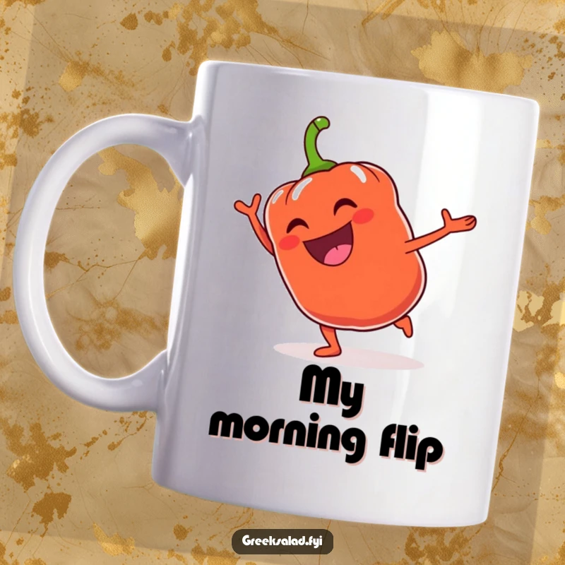 Funny Bell Pepper Cartwheel Mug: A grinning bell pepper happily doing a cartwheel, showcasing energetic veggie humor.