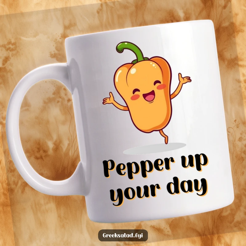 Funny mug showcasing a happy bell pepper character performing a lively jig with a flourish, radiating colorful vegetable cheer.