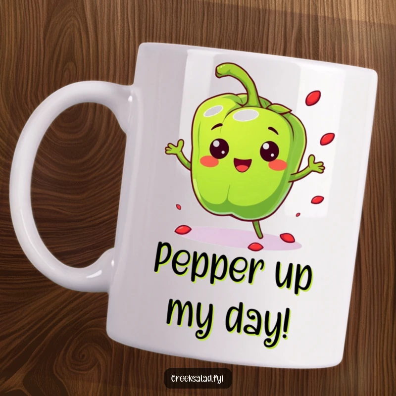 Funny cheerful bell pepper character bouncing playfully and scattering seeds on a mug, an energetic foodie gift.