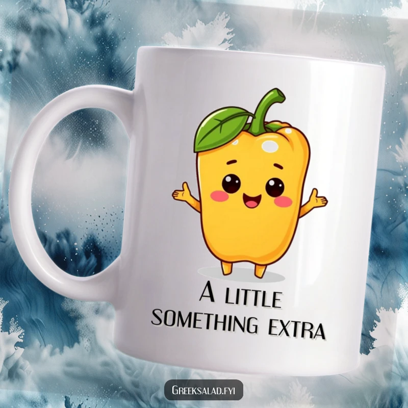 Funny bell pepper character cheerfully offering a tiny olive on a mug, symbolizing a sweet and humorous exchange.