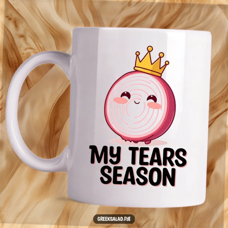 Funny mug showing a blushing red onion slice with a tiny crown, gently swaying, looking adorable and regal.