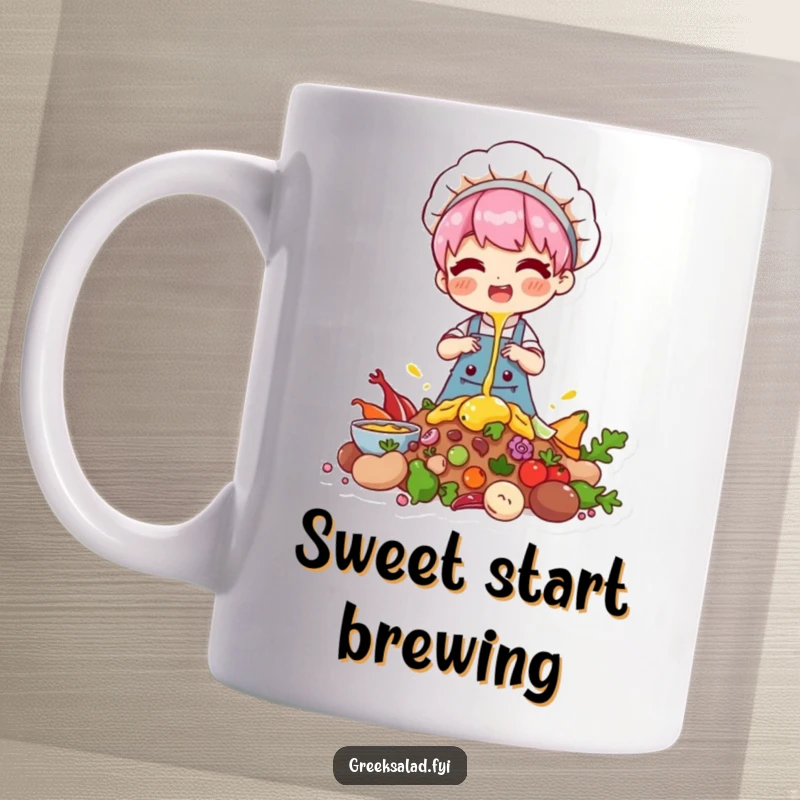 Funny mug showing a chef character happily drizzling a topping over a pile of baking ingredients with a smile.