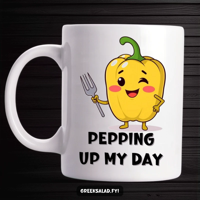Funny mug depicting a jolly bell pepper standing confidently and holding a small fork, ready to enjoy some food.