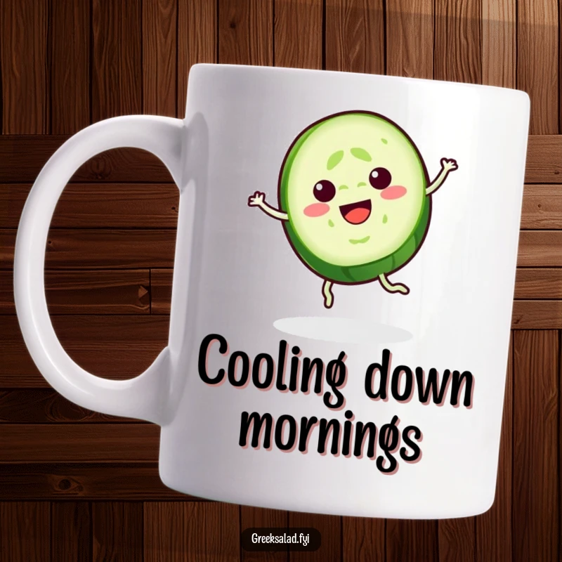 Funny Cucumber Mug: A cheerful cucumber slice spins gracefully, radiating calm and cool vibes with a smile.