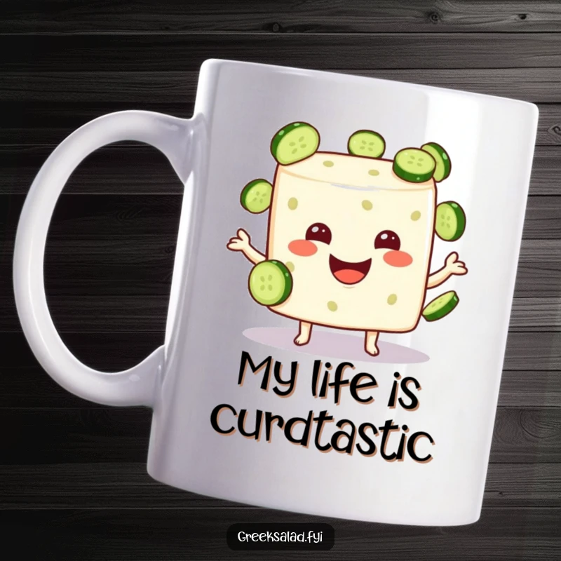 Funny feta cheese cube character smiling and expertly juggling small cucumber slices on a white background, ceramic mug.