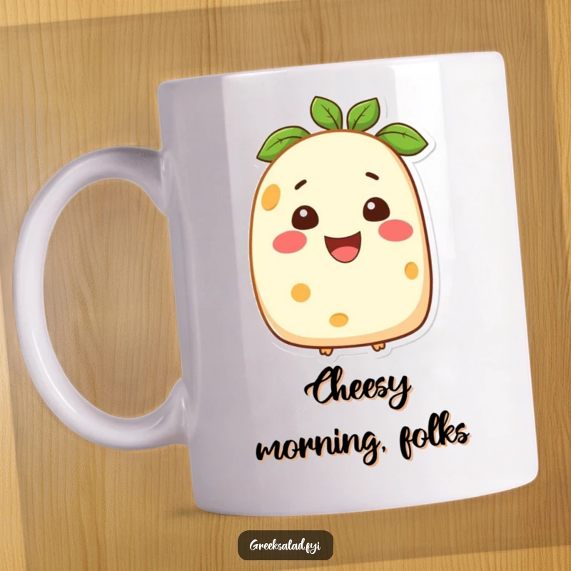Funny mug featuring a happy feta cheese character with a broad, infectious smile, spreading dairy-themed joy and good vibes.
