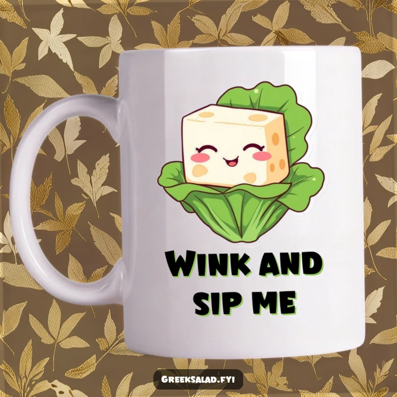 Funny mug showing a smiling feta cheese block winking playfully from its perch on a fresh green lettuce leaf.