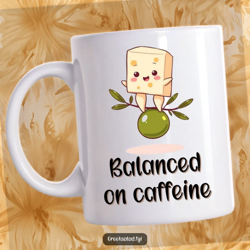 Funny mug depicting a feta cheese character comically balancing on a single olive, showcasing precarious and delightful foodie humor.