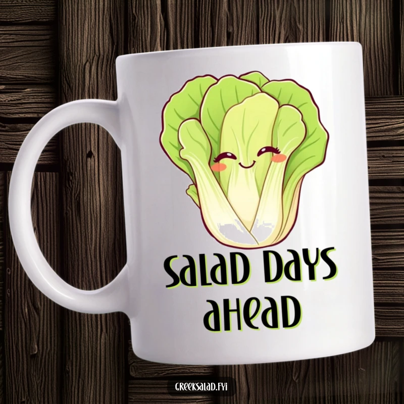 Funny mug featuring a giggling romaine lettuce leaf enthusiastically waving, bringing cheerful, vegetable-themed humor to your beverage.