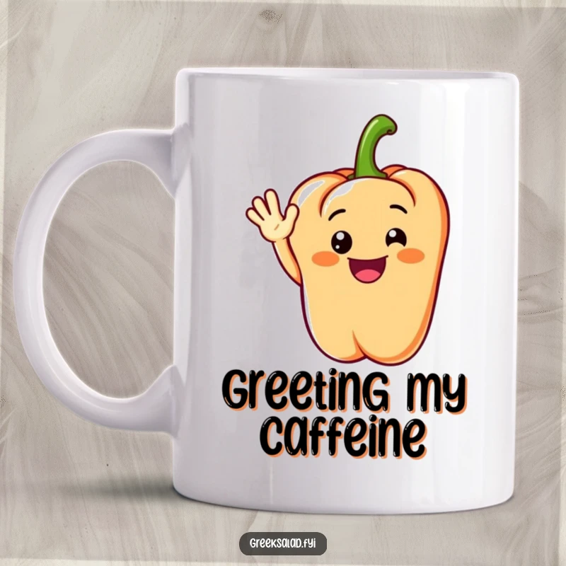 Funny mug showcasing a grinning bell pepper segment cheerfully waving hello, radiating vibrant positivity.