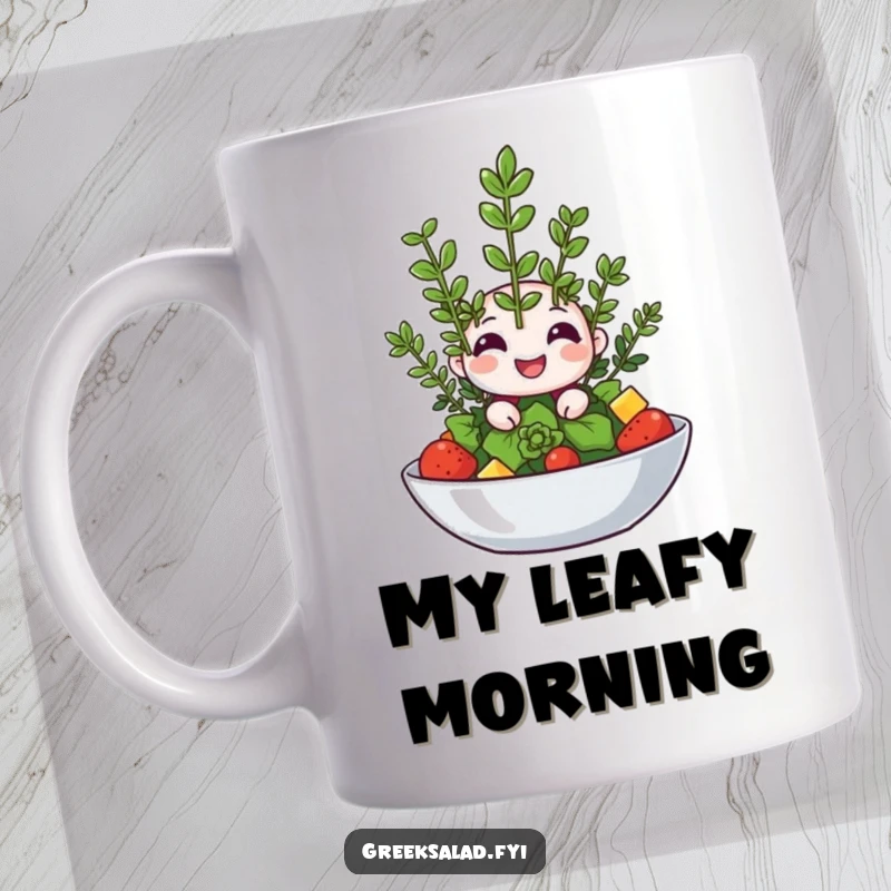 Funny mug featuring a happy oregano sprig winking playfully from atop a salad, adding herbal wit.