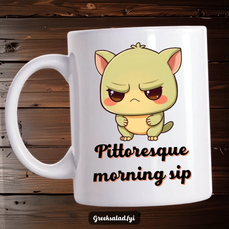 Funny mug showing a grumpy olive character looking on with intrigued curiosity, perfect for those with a dry sense of humor.