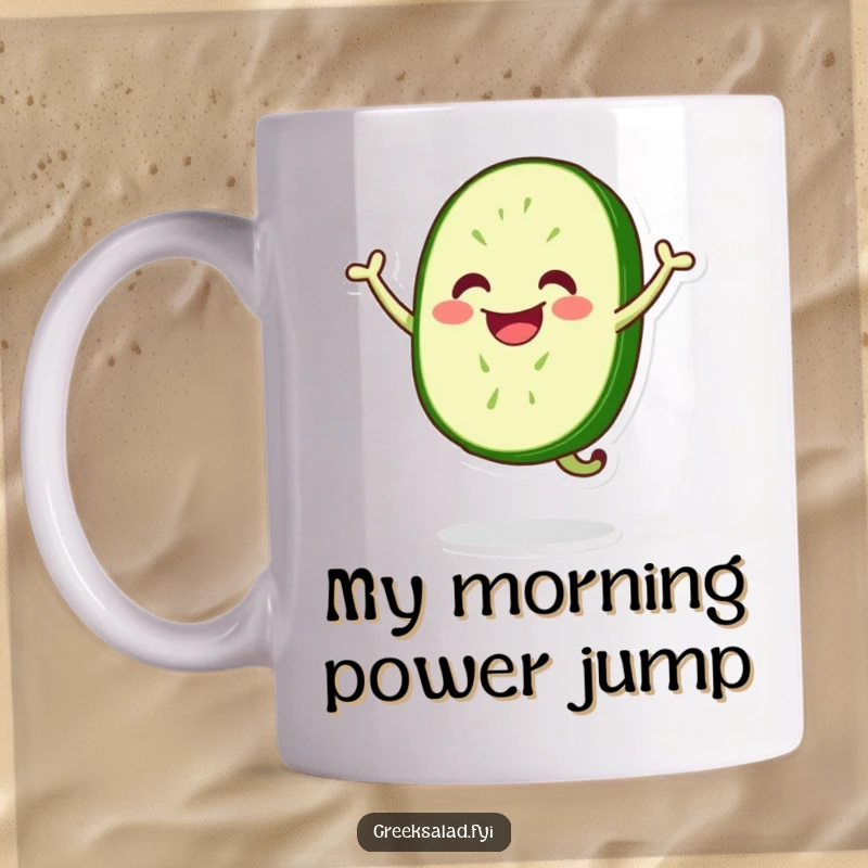 Funny mug featuring an energetic cucumber slice with a huge smile, joyfully performing a happy jump with its leafy green top.