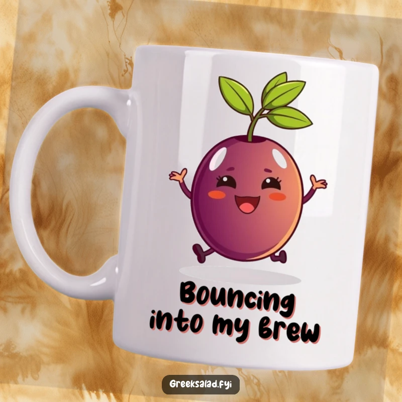 Funny Kalamata olive with a stem doing a happy hop, showcasing pure delight and a playful personality, perfect for a gift.