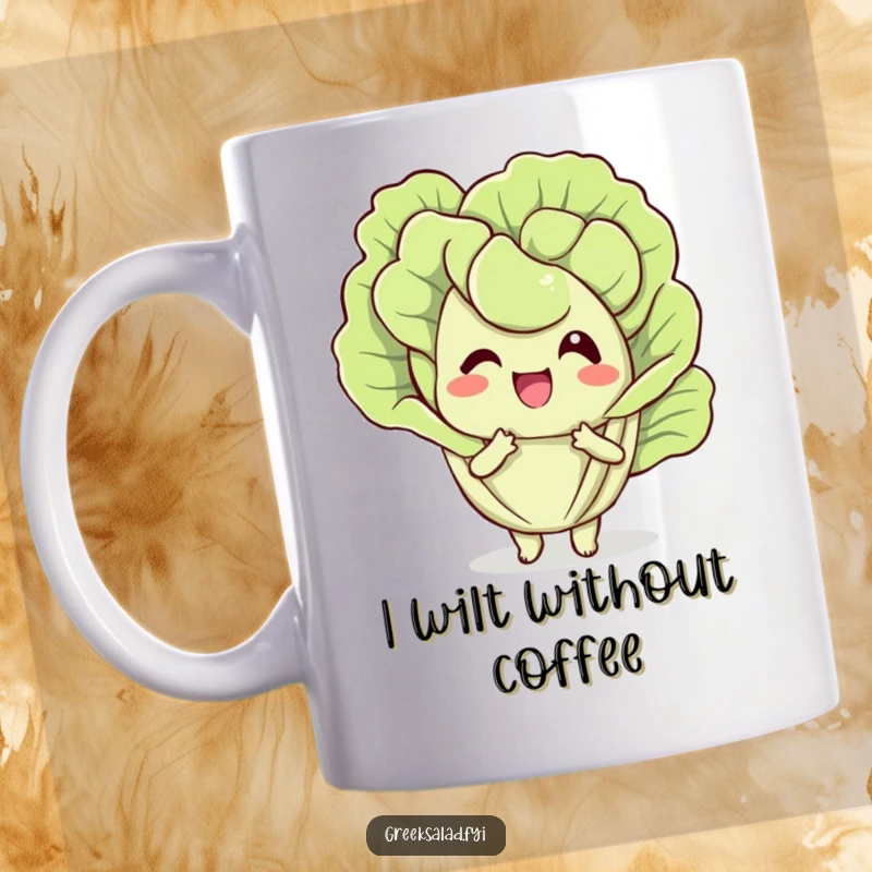 Funny mug featuring a delighted lettuce leaf character fanning itself with a leaf, expressing pure comedic relief and joy.